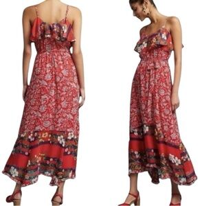 One September Anthropologie Women’s Medium Red Floral Zuri Ruffle Maxi Dress